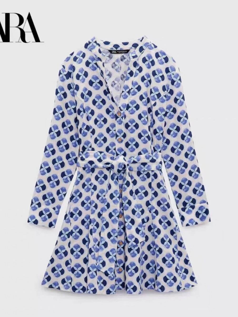 Zara Mini Linen Dress - White/Cream with Blue Diamond pattern 3/4 Sleeve